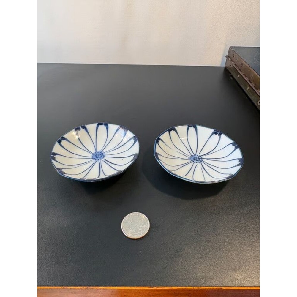 Japanese Blue and White Petal Bowls Pair Chrysanthemum Hand Painted Porcelain